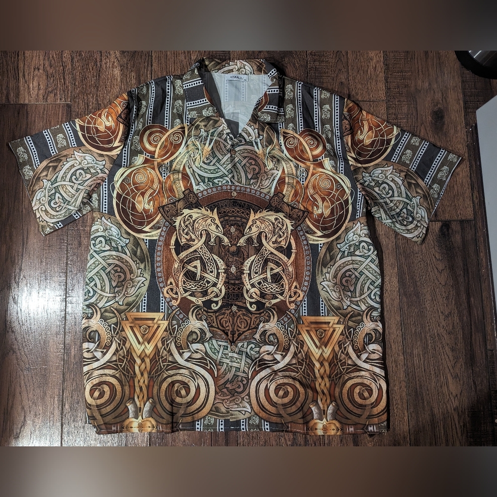 Hawalili Mens Button Down Shirt Brown & Gold Dragon Print Size 2XL Unique!